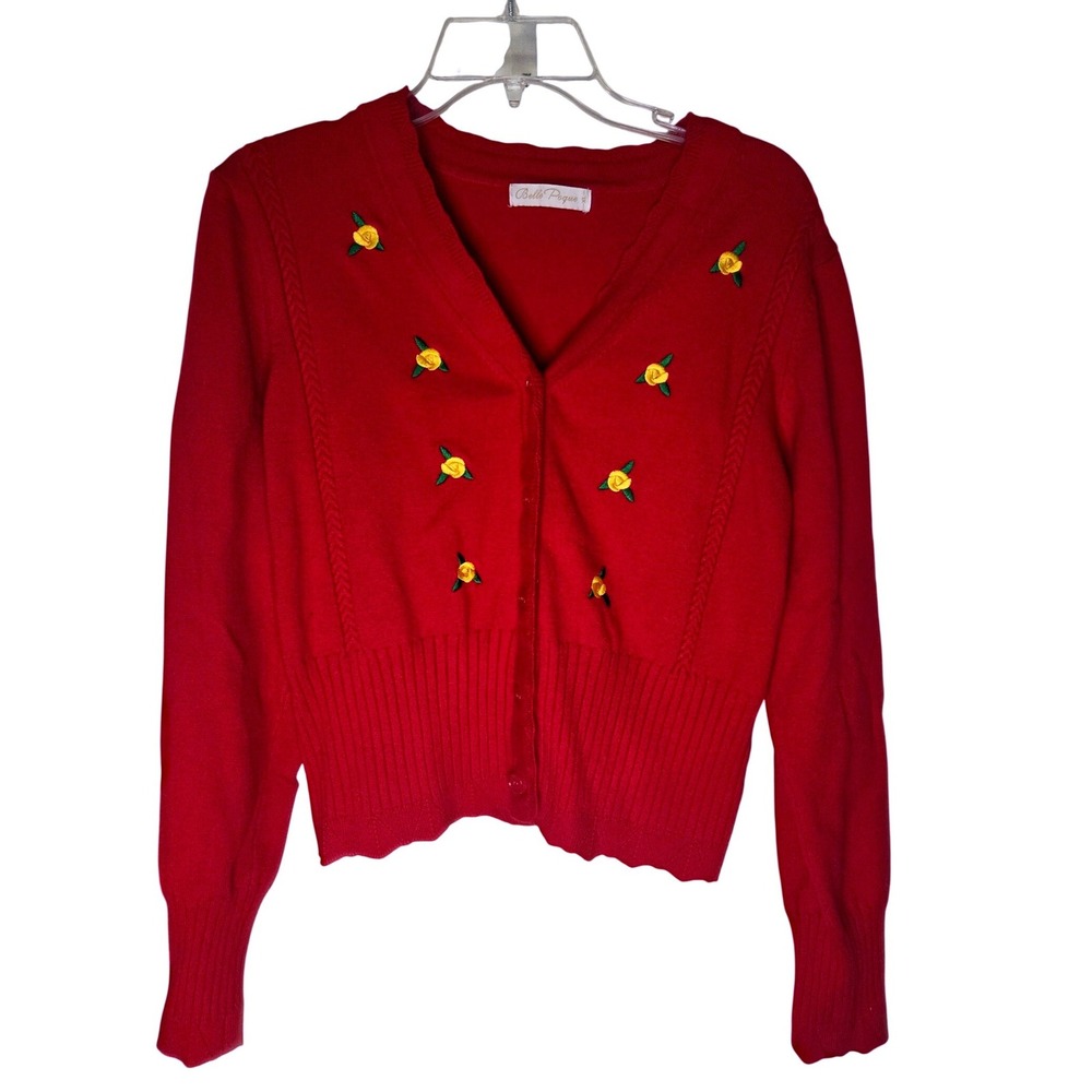 Belle Poque Red Embroidered Rose Cardigan Sweater Womens XL Cropped V-Neck Retro